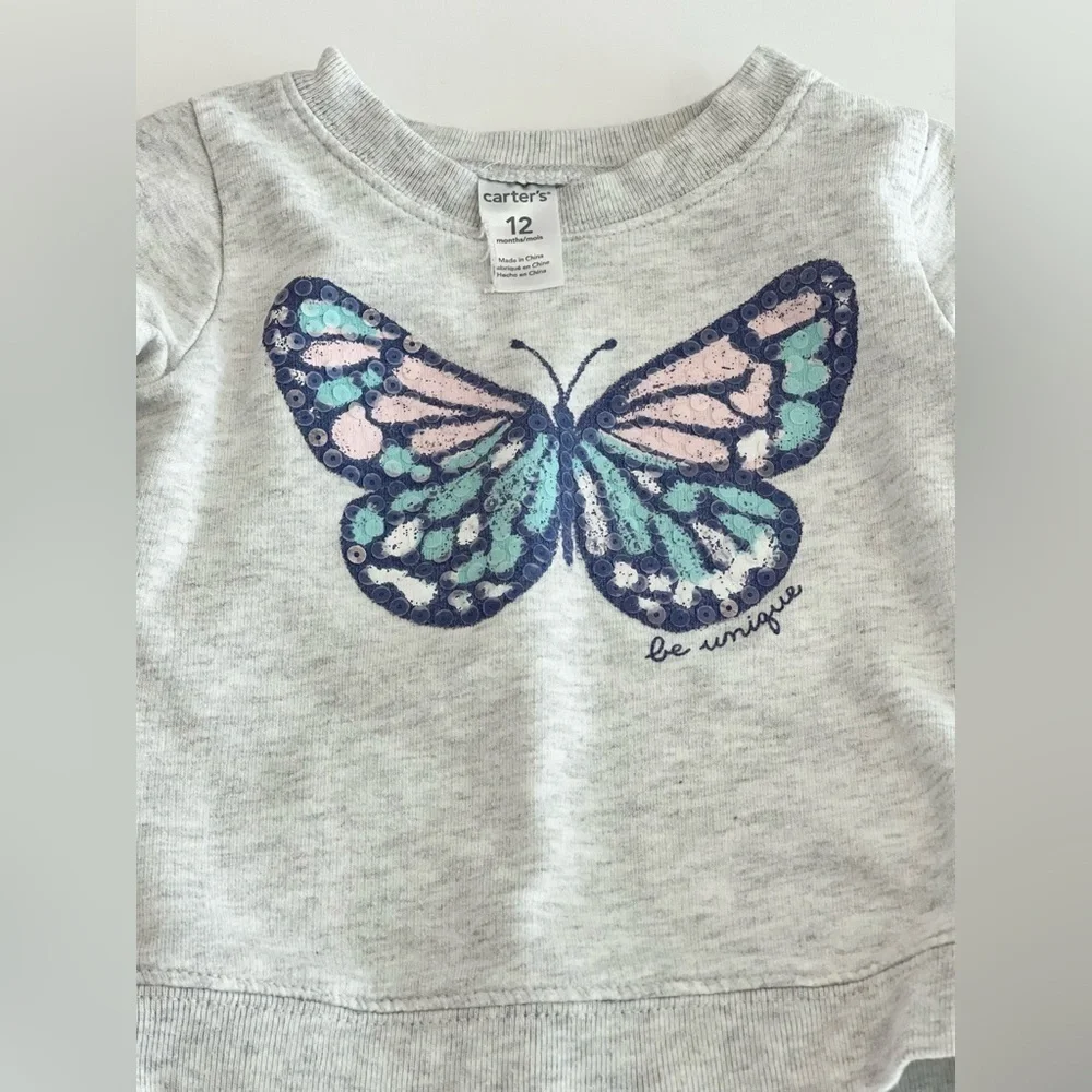 ⚡️4/$20⚡️Carter’s Gray Butterfly “Be Unique” Sweatshirt | Baby Girl 12 MTH